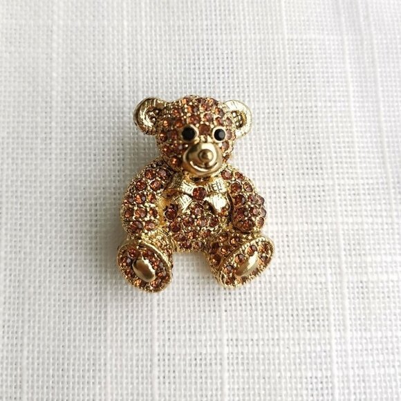 VINTAGE teddy bear brooch pin gold tone crystals - Picture 5 of 5